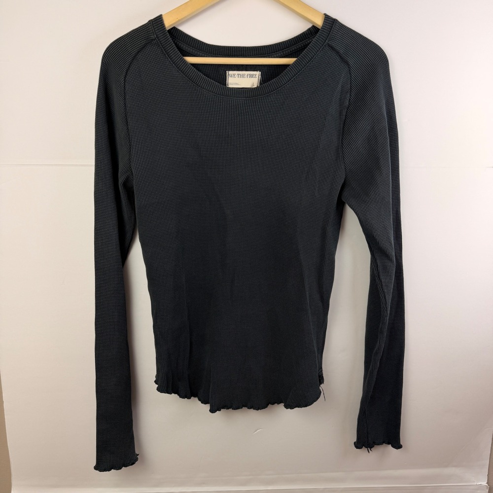 Free People We The Free Womens Large Thermal Waffle Knit Ruffle Edge Top Gray